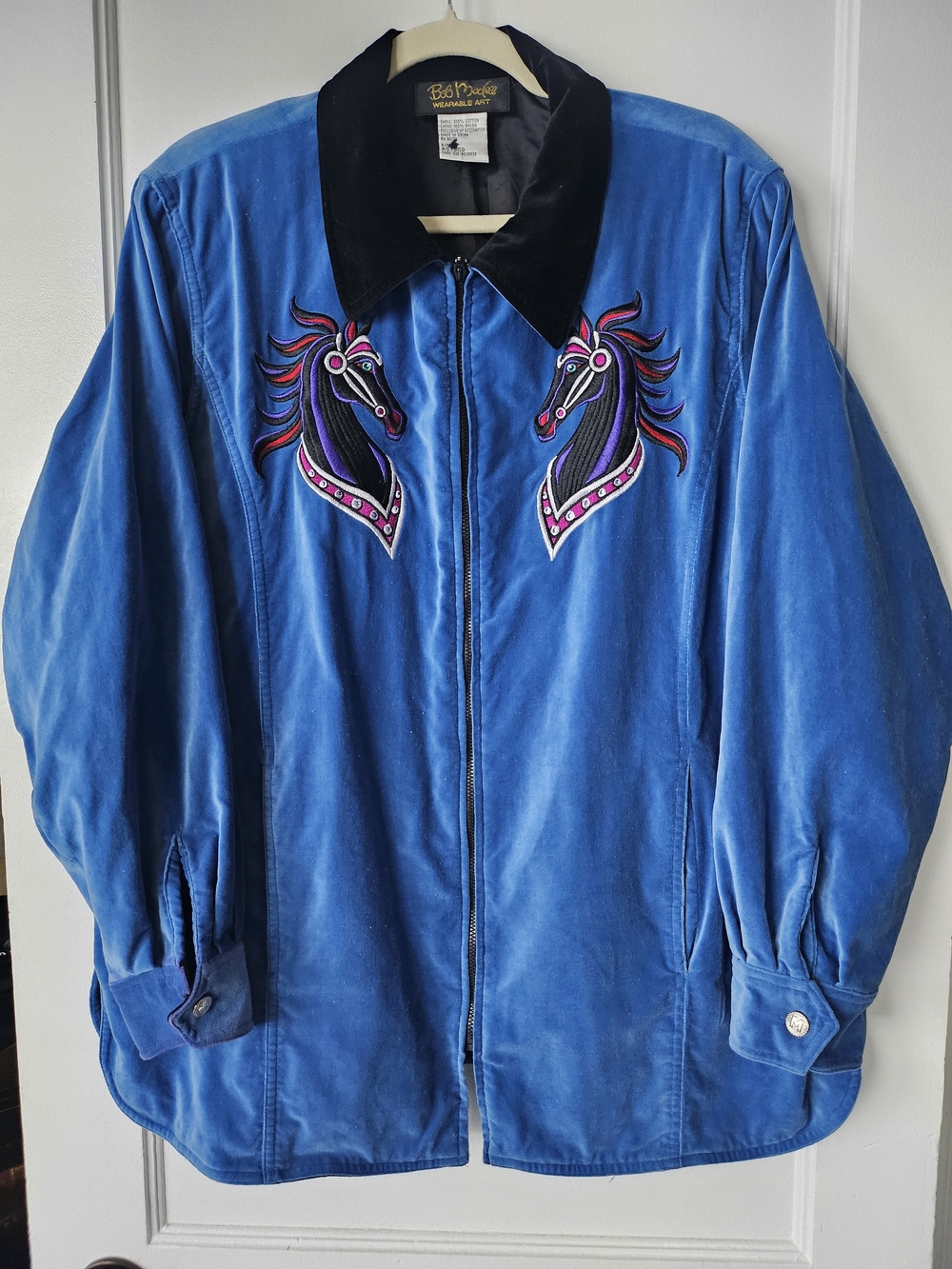 Vintage Bob Mackie Blue Velvet Bomber Jacket with Embroidered Horse Motifs